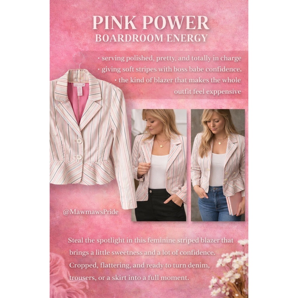 Nine & Company Nine West Petite Striped Cropped Blazer Jacket Pink White 10P